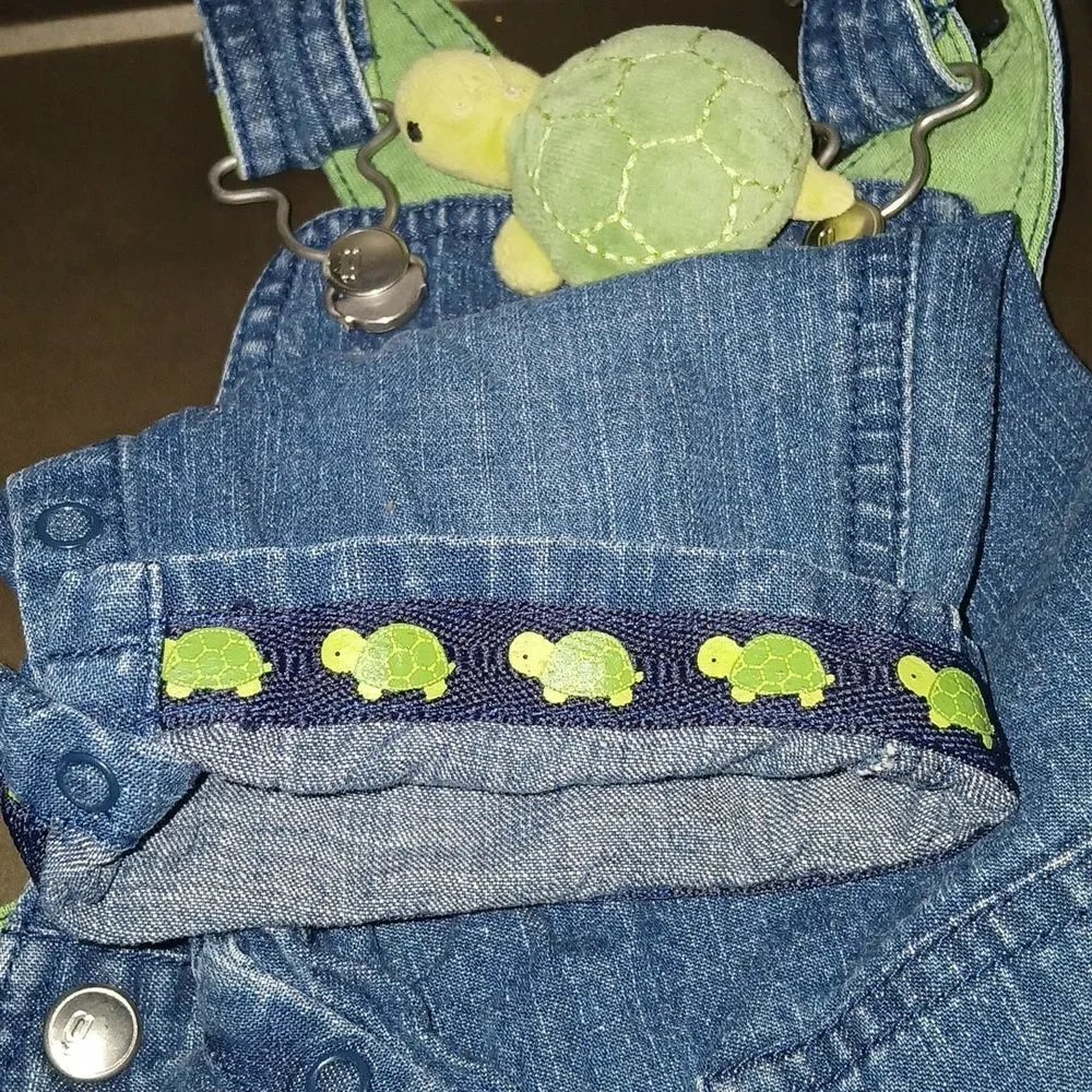 Gymboree Tiny Turtle Out of His Shell Denim Overalls with pocket turtle Sz 3-6M